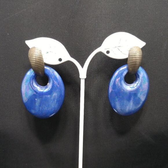 Distressed Vintage Blue Iridescent Drop Post Earrings, 2 1/4" - Picture 1 of 9